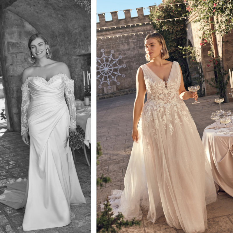 2 plus size wedding dresses by Modeca Silhouette